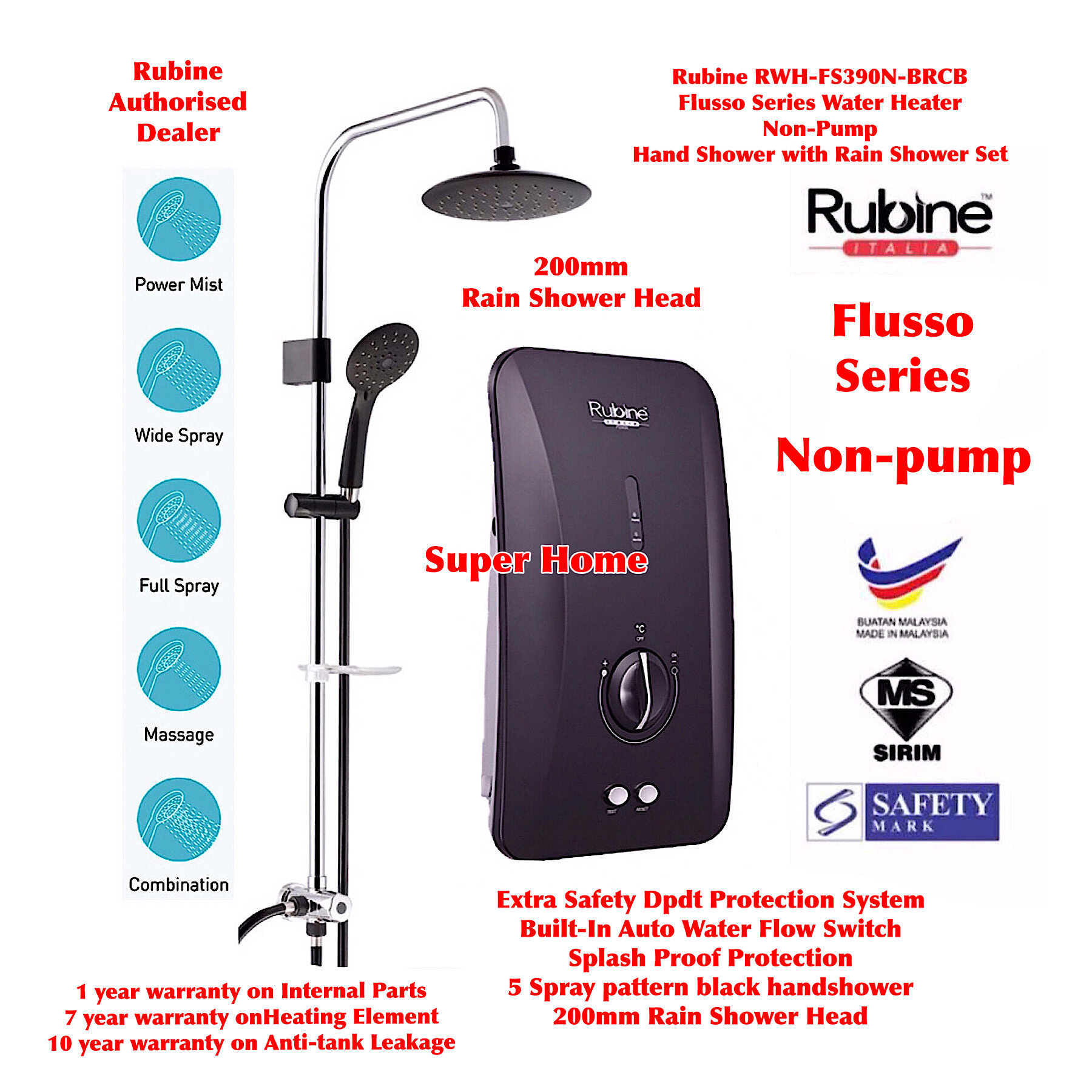 Rubine Water Heater RWH-FS390N-BRCB Rubine Non Pump Rain Shower Water Heater  (Matt Black) Flusso Series Non Pump with Rain Shower | Lazada
