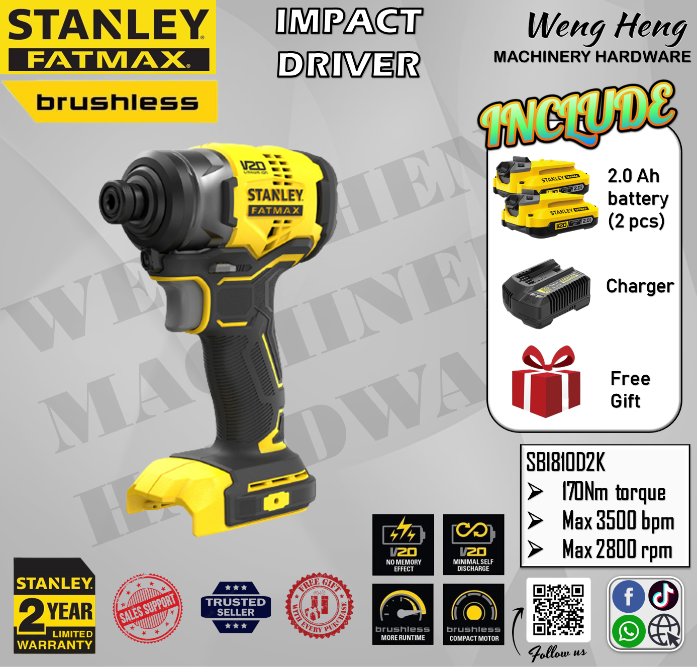 100 Genuine Stanley Fatmax 20V 6.35 mm Cordless Brushless Impact Driver Model SBI810D2KB1