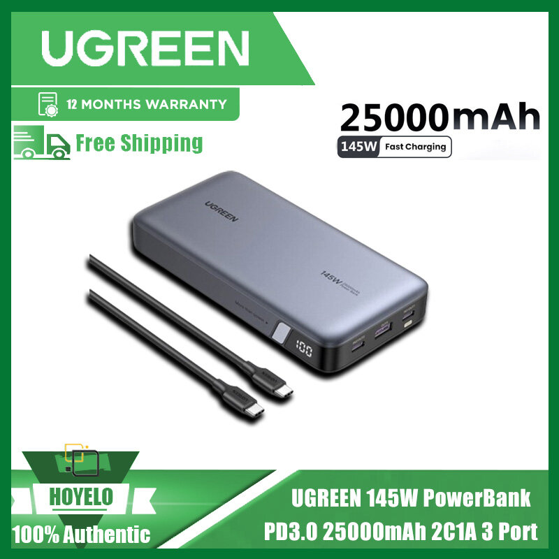 Ugreen powerbank 145w 25000mah portable usb c 3 port pd3.0 digital screen
