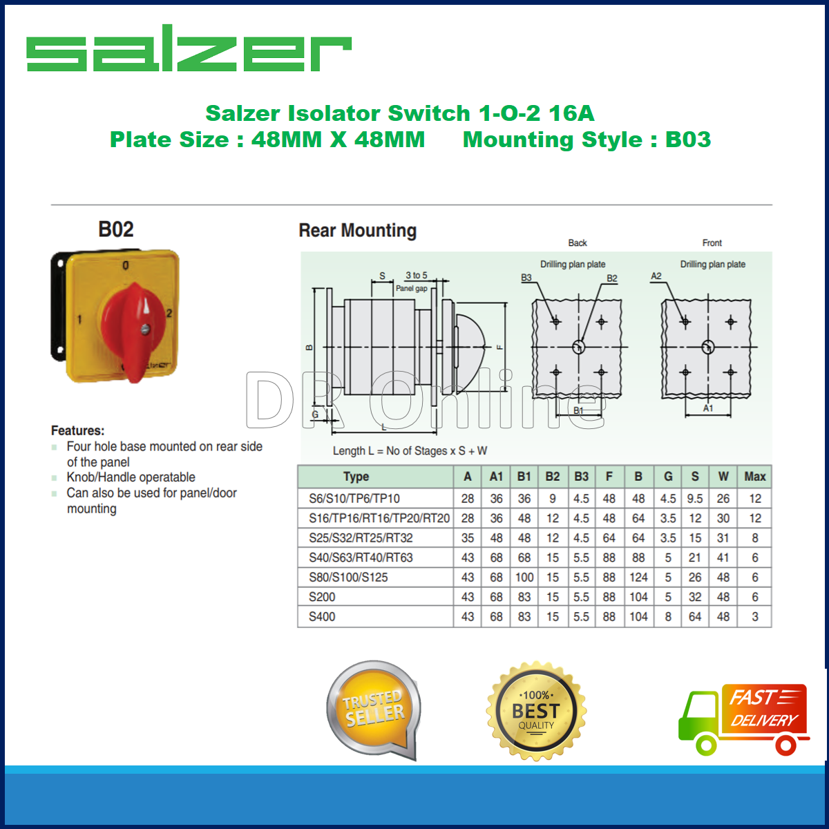 SALZER CHANGEOVER SELECTOR SWITCH, 102 16A 3P, (S16611531B03