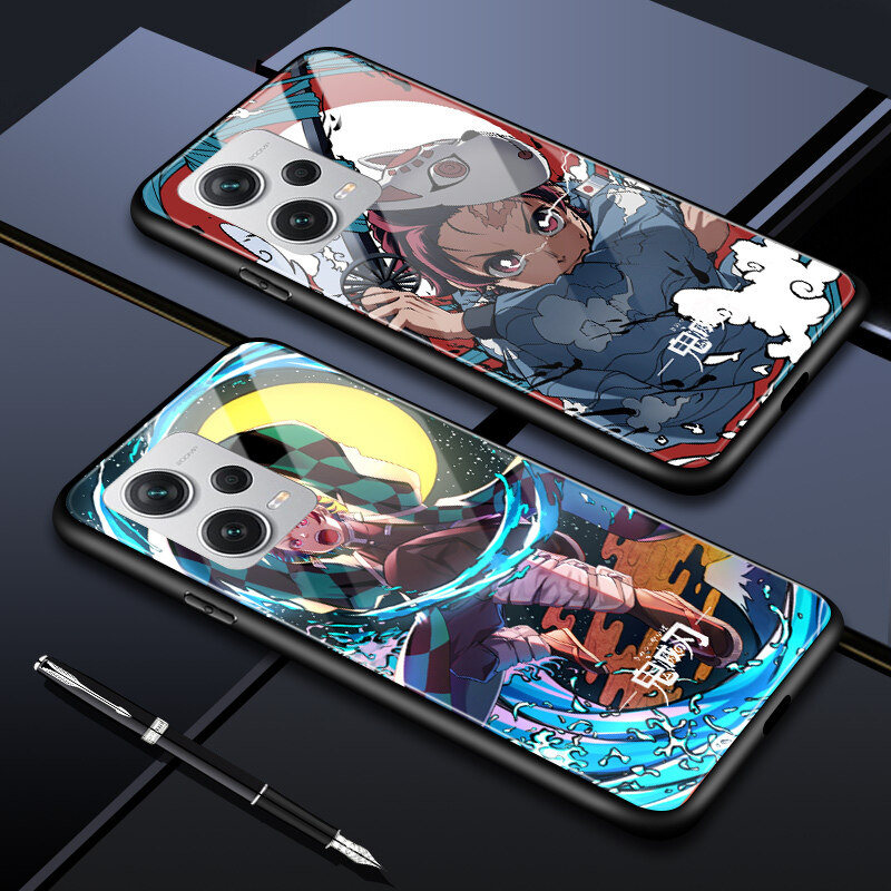 Hard Casing For Xiaomi Redmi Note 12 Pro 5G Note 12 Pro+ 5G Note 12 4G Redmi A2 Shockproof Anime For Girls Women Demon Slayer Phone Case Kimetsu no Yaiba Tanjirou Nezuko Glossy Tempered Glass Casing Cover