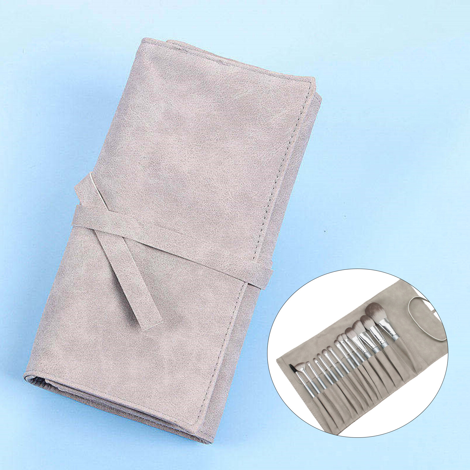 Makeup Brush Bag Roll-Up Waterproof Large Capacity 14 Slots Dustproof Keep Tidy Faux Leather Grey Makeup Tool Brush Pouch for Women Makeup Brush Case