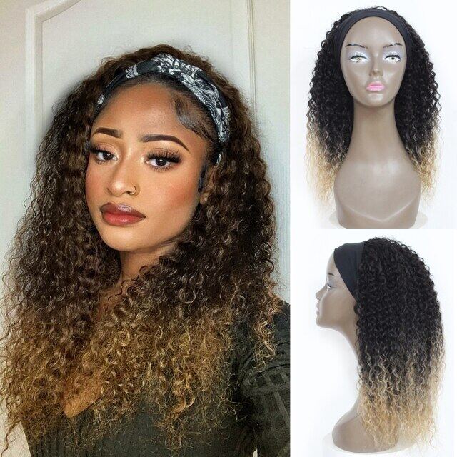 Kinky Curly Headband Wigs For Afro Black Women 18 Inch Human Synthetic Hair Mix Wig 150 Ombre