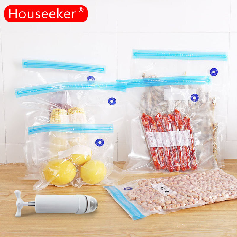 Houseeker Kitchen Food Air Vacuum Compressed Bag Organizer Reusable Freezer Vacuum Sealed Storage Bags