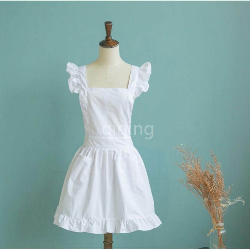 Tự Khánh Phong Cách Victoria Pinafore Tạp Dề Người Giúp Việc Ren Smock Trang Phục Trắng Xù Túi