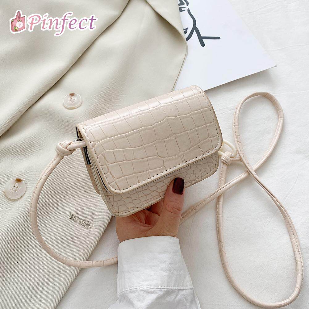 [Pinfect] Fashion Vintage Elegant Pastel Color Alligator Pattern Mini Shoulder Bag Women PU Leather Chain Small Money Pouch Casual Lady Crossbody Messenger Handbag