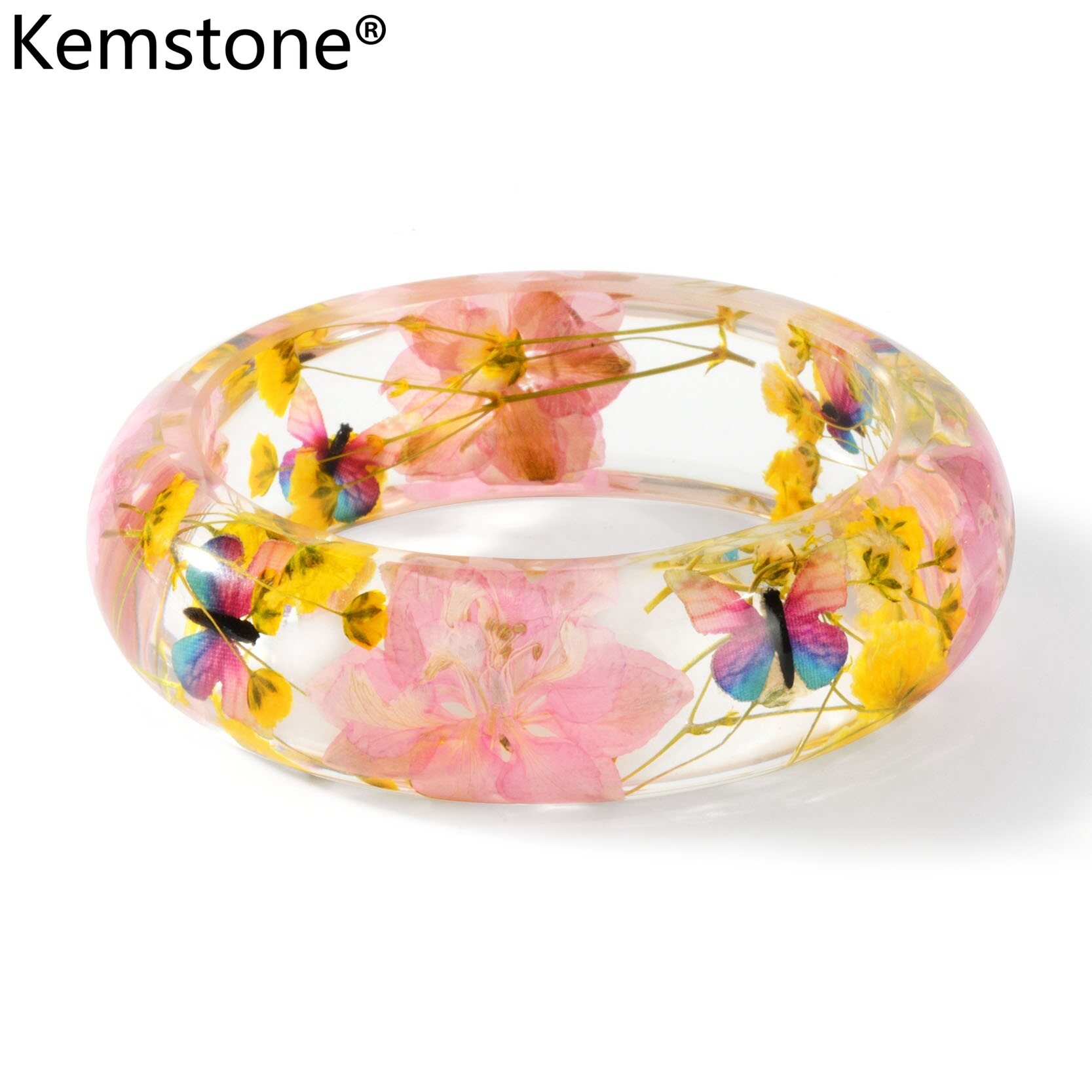 Kemstone 2021 65mm Dried Flower Sakura Resin Bracelet Big Bangle for Women Jewelry Gift