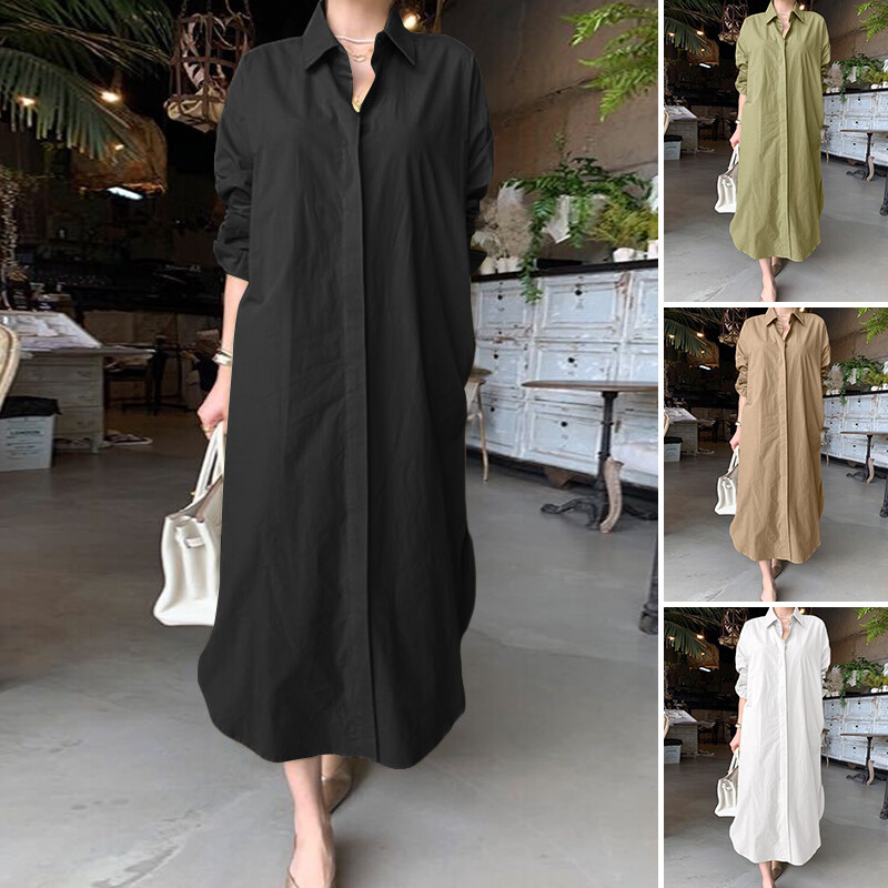 ZANZEA Womens Collared Button Down Solid Colour Kaftan Long Maxi Shirt Dress