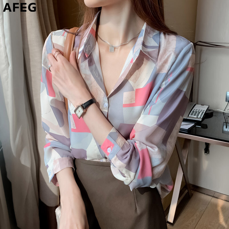 AFEG new Korean style women's long-sleeved lapel chiffon casual fashion elegant shirt for women
