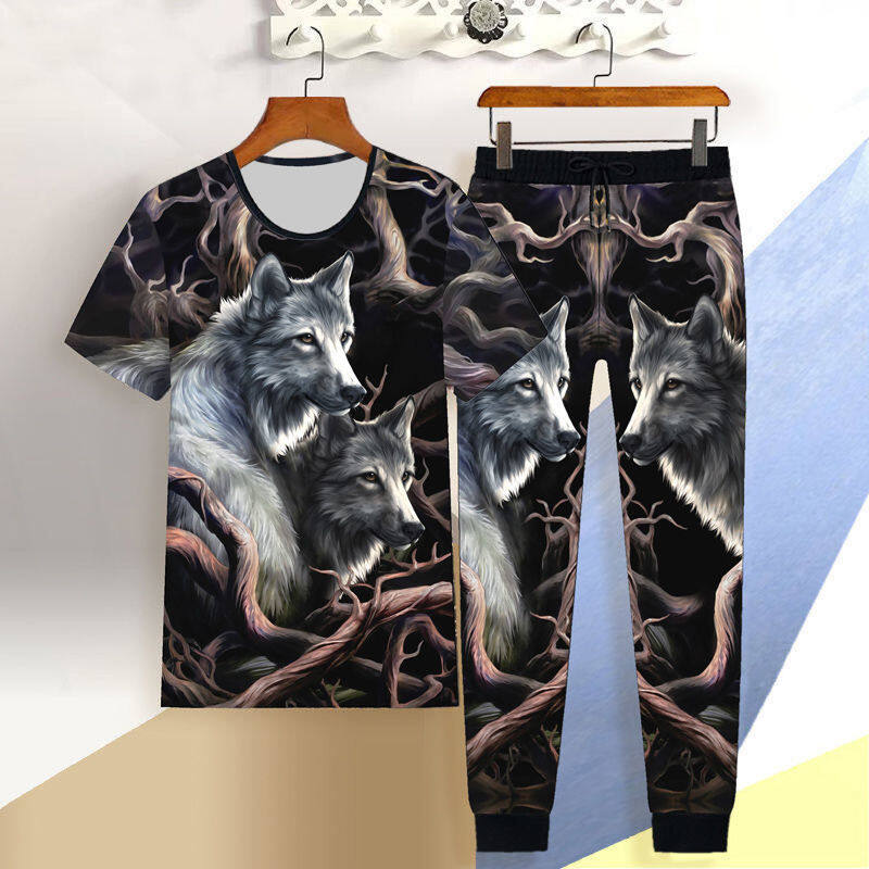 Yushu New Men's Sportswear Suit Male 3D Tiger Short-sleeved Casual Slim T-shirt Trousers 2-piece Set 3d Dragon Print T-shirt Pants