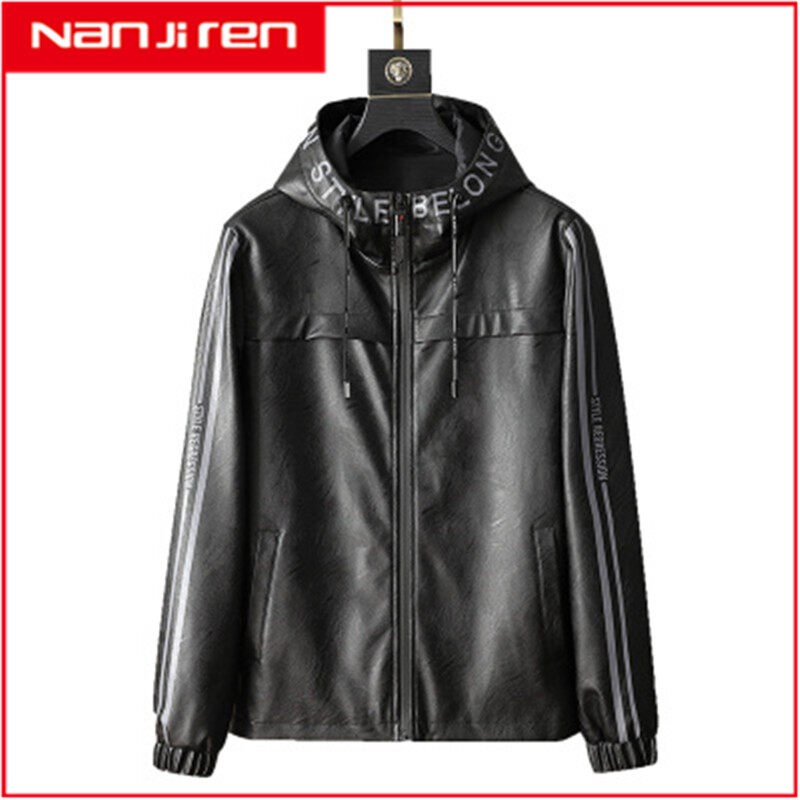Nanjiren Spring and Autumn New Hooded Print Leather Jacket Men's Korean Trendy Handsome Motorcycle Youth Hoodie Jacket Top