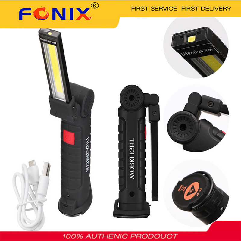 Fonix cob led flashlight 5 mode working light portable usb rechargeable magnetic 360 rotating light hanging hook lamp sos
