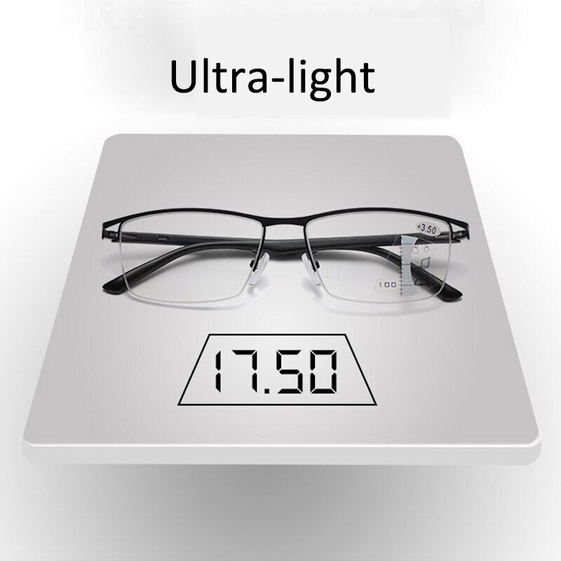 TR90 Adjustment Multi-focus Photochromic Reading Glasses Progressive Men Half-Frame Anti-Blue Light Finished Glasses Black