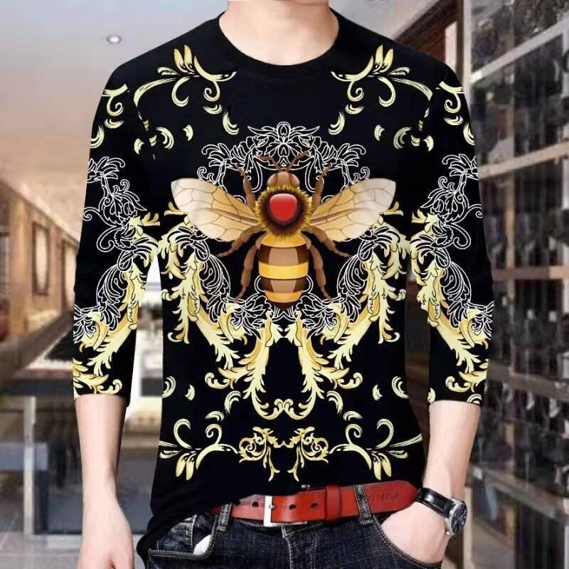 Yushu Men's Long Sleeve T-Shirt Guy Suit Tattoo Floral T-shirt Dragon Tattoo Bottoming men's 3D printing T-shirt