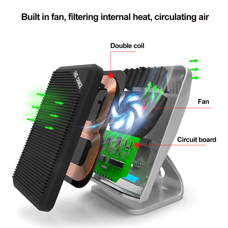 10W QI Wireless Fast Charger Holder Double Coil With Cooling Fan Type-C