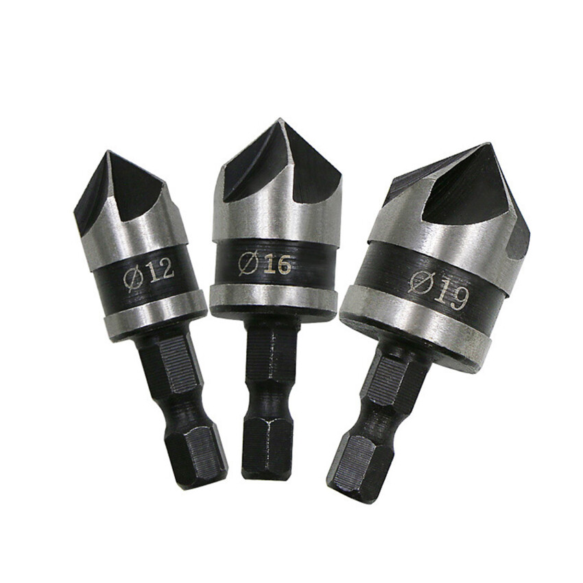 3PCS Countersink Drill Bit Hss Hex Chamfer Five Pears Hexagonal 90 Degrees Boring Drill Shank Carbon Steel Woodworking Tools Set