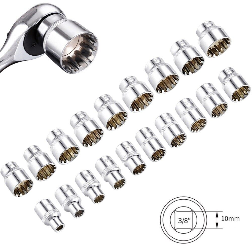 Socket Set 12 Point Socket Bit 3/8" Square Drive For Ratchet Wrench Ratchet Socket Adaptor For Handle Slotted Ratchet Extension Drive Locks Corrosion Resistant