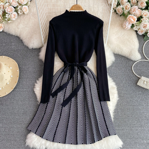 Elegant and Fashionable Sweater Skirt with Overcoat Autumn and Winter Beauty Temperament Fake Two Stand Collar Slim A-line Knitted Dress Autumn and Winter