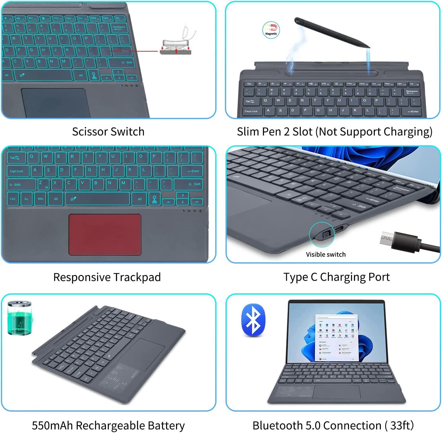 MD Surface Pro 8 /Surface Pro 9/Surface Pro x, bluetooth Bàn phím không dây với Trackpad Backlit Bàn phím từ tính, Tương thích với Microsoft Surface Pro Surface Pro x, với bề mặt bút/Surface Pro