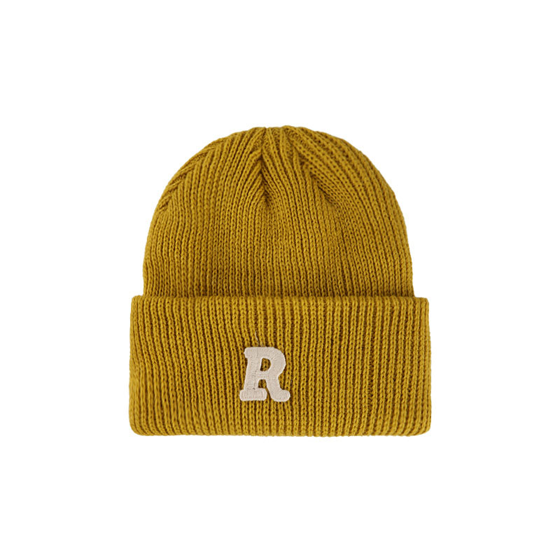Letter R Beanies For Women Autumn Winter Woolen Knitted Hat Solid Color Thick Warm Crochet Bonnet Hip Hop Skullies Cap