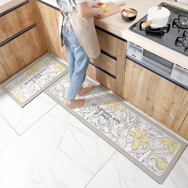 Kitchen Floor Mat New Style Thickened PU Waterproof and Oil Proof Carpets Non-Slip Kitchen Rugs Anti-Fatigue Carpet Nordic Carpet Household PVC Wipeable and Wash-free Foot Pad Entrance Doormat