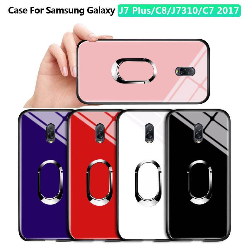 For Samsung Galaxy J7 Plus \ C8 \ J7310 \ C7 2017 Luxury Solid 360 Rotatable Magnetic Ring Holder Stand Case J7+ Tempered Glass Casing Protective Phone Back Shockproof Cover