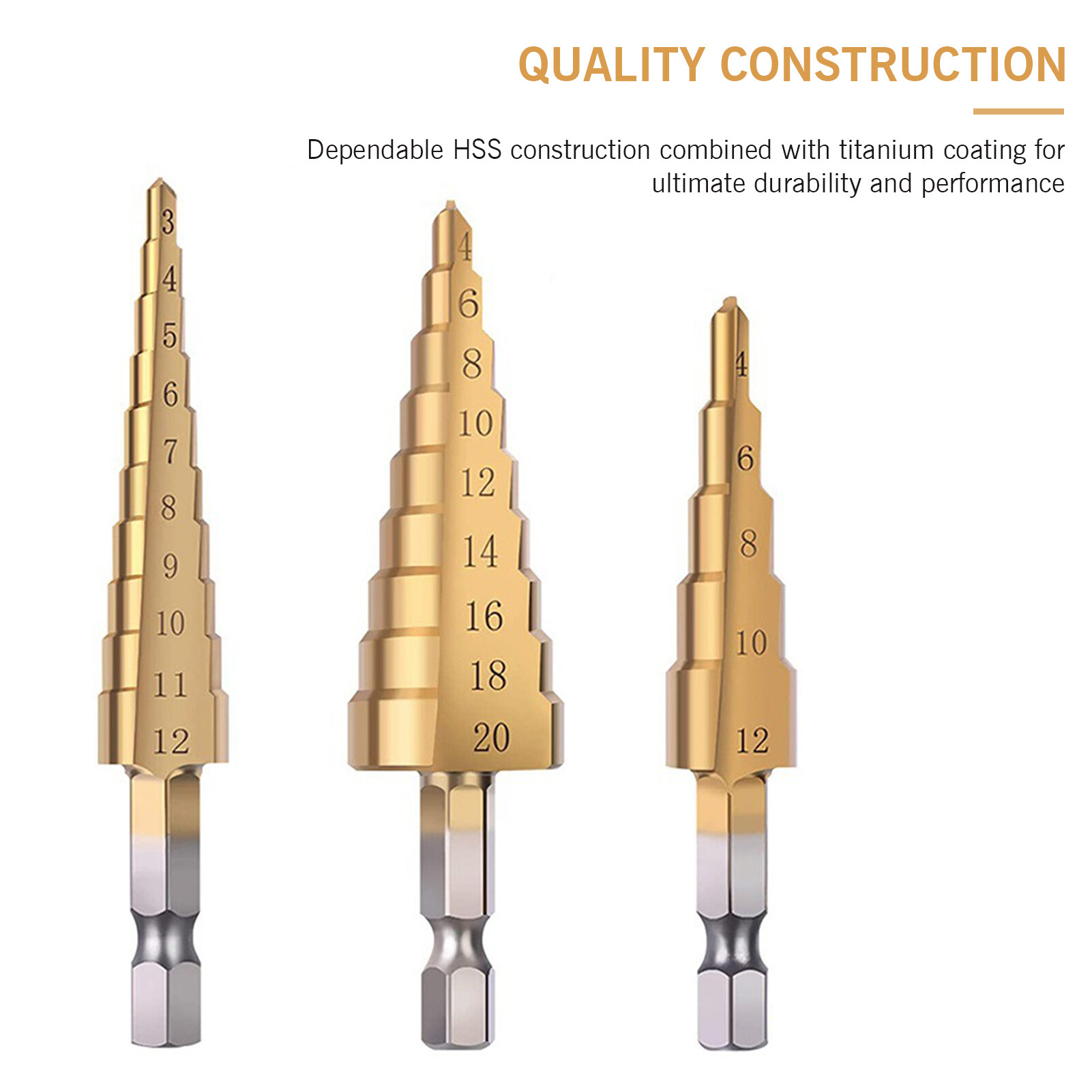 HSS 4PCS Titanium Step Drill Bit Set High Speed Steel Drill Bits Set with Automatic Center Punch Multiple Hole Stepped Up Bits for Plastic Wood Metal