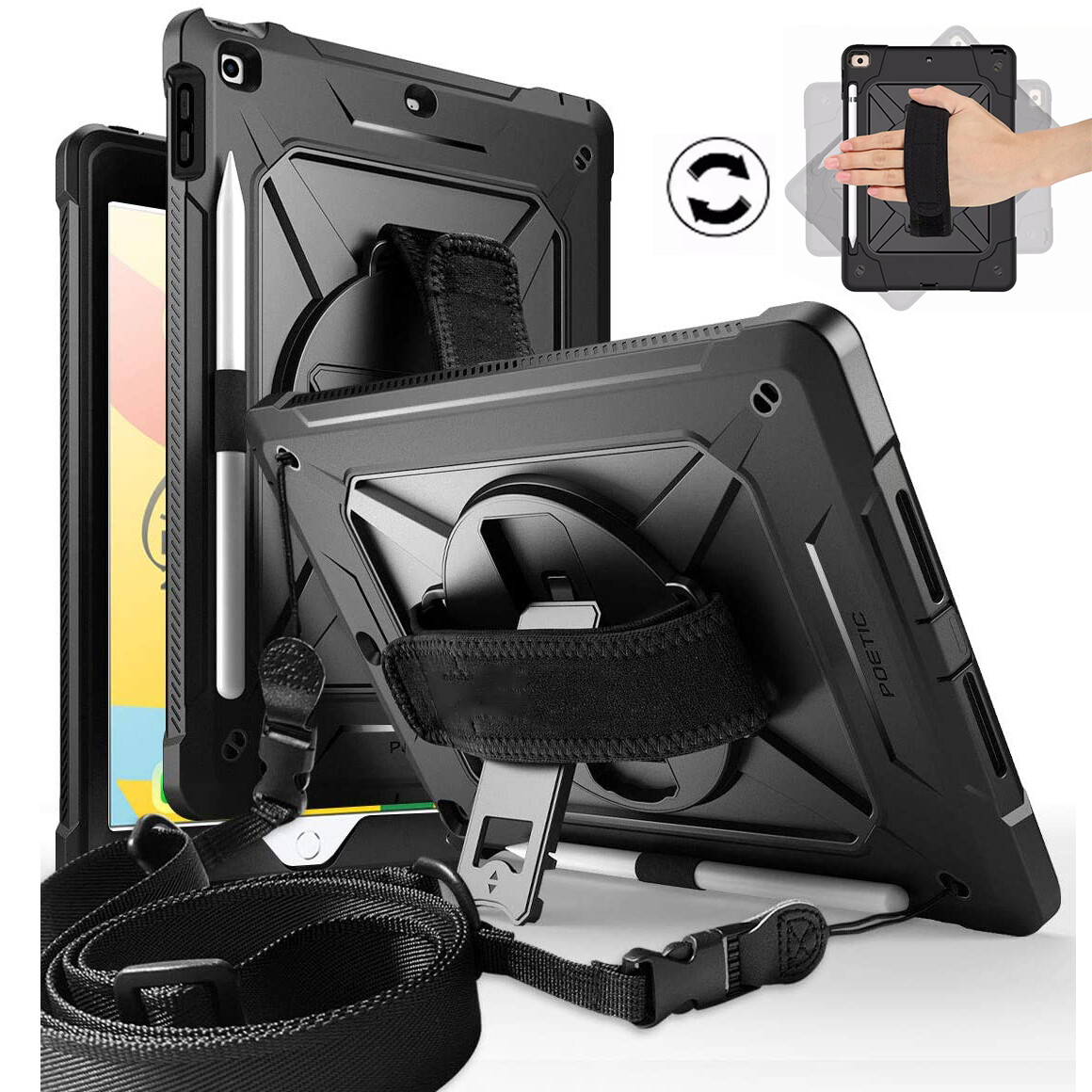 iPad Case with Pencil Holder/Shoulder Strap,360 Rotating Stand Hand Strap Heavy Duty Rugged Shockproof Case for iPad 9th 8th 7th Gen 10.2 2019/iPad Air 5 Air 4/iPad Pro 11 2021 2020 2018/iPad 9.7 2018 2017/iPad Mini 5/iAir 2