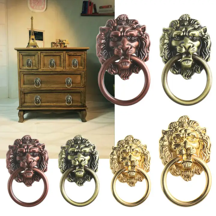 Lazarahome 2pcs Antique Lion Head Drawer Ring Door Pull Handle