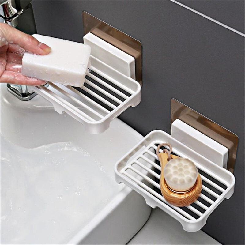 【TaroBall】Simple Installation Soap Dishes Drain Wall Mounted Soap Sponge Holder Storage Rack Bathroom Kitchen Organizer Soap Draining Holder Kitchen Hanging Soap Box