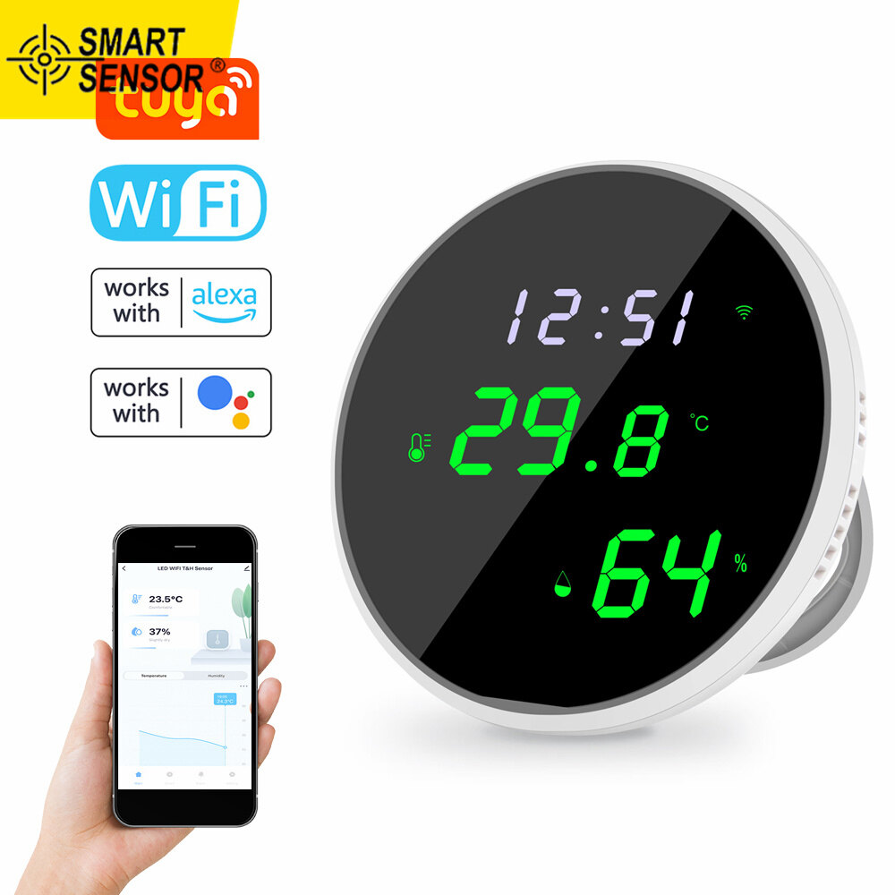 Smart Sensor Tuya Wifi Temperature Humidity Sensors APP Remote Monitor Control for Home Intelligent Scenario Linkage Compatible with Amazon Alexa Google Home Voice Control