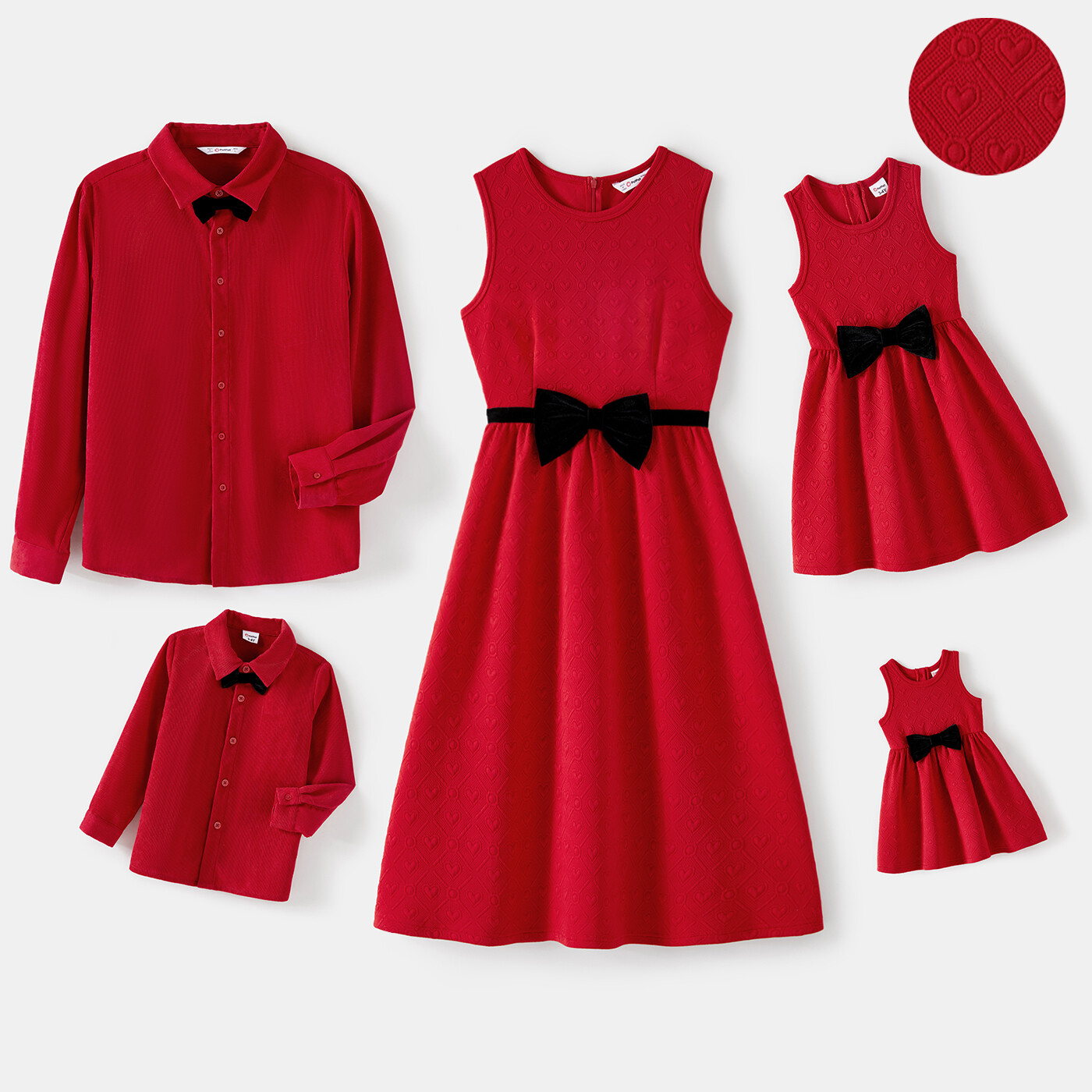 PatPat New Year Family Matching Bow Front Red Heart Textured Tank Dresses and Long-sleeve Corduroy Shirts Sets