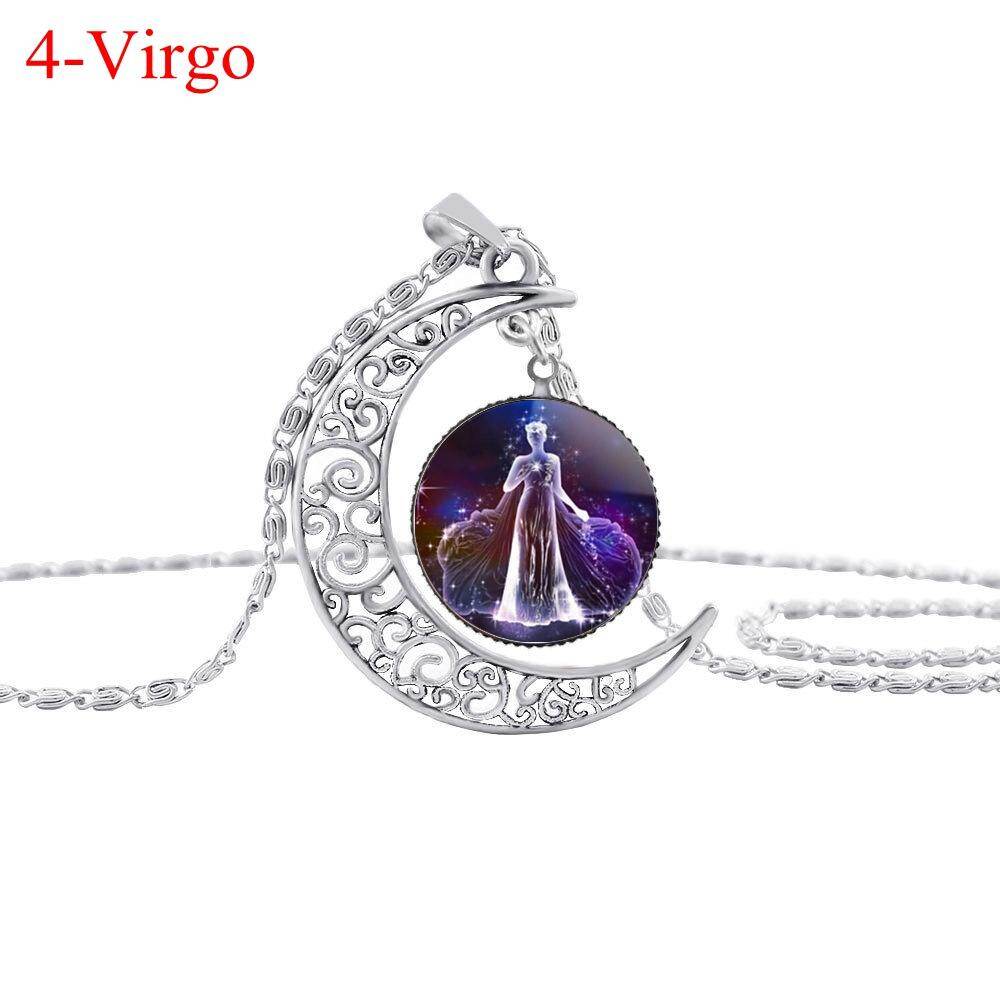 12 Zodiac Signs Glass Dome Crescent Moon Necklace Fashion Jewelry for Women Aries Taurus Cancer Aquarius Pisces Necklace