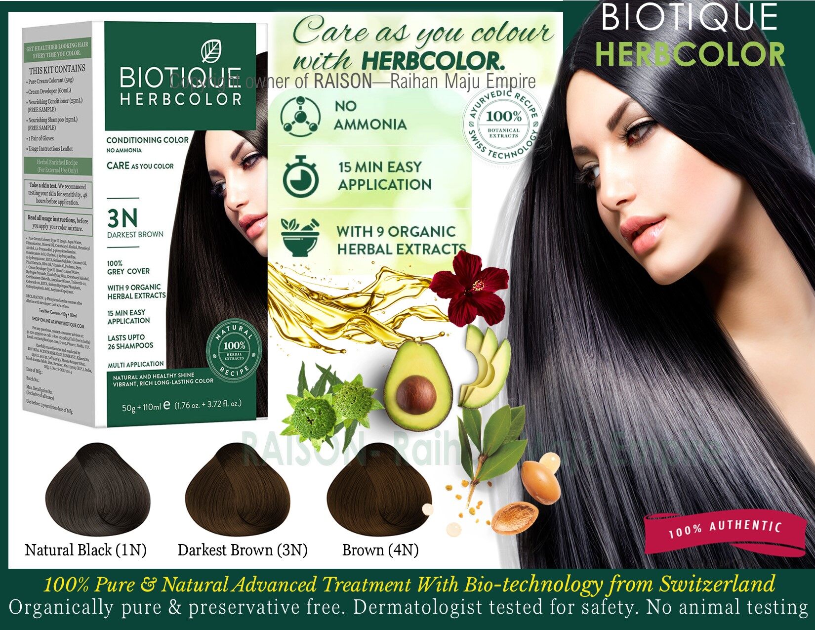 BIOTIQUE ADVANCED AYURVEDA HERBCOLOR CONDITIONING COLOUR NATURAL AND  HEALTHY SHINE VIBRANT, RICH LONG-LASTING PERMANENT HAIR COLOR 50gm+110ml  (Natural Black (1N) Darkest Brown (3N) Brown (4N) | Lazada