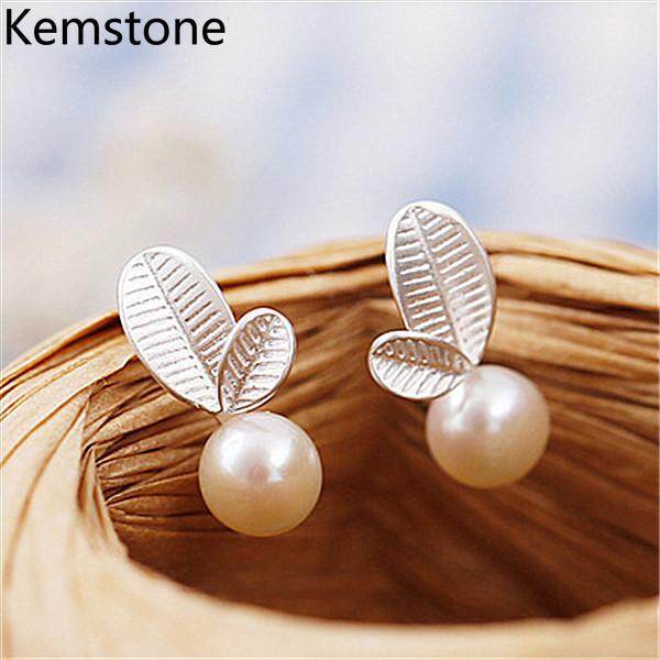 Kemstone Fashion Silver Color Cute Leaf-shaped Round Pearl Stud Earrings for Women