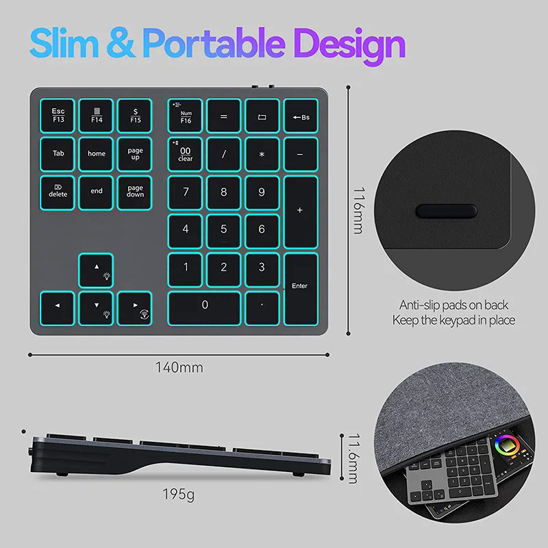 SeenDa Backlight Numeric Keypad RGB Bluetooth Rechargeable Number Pad 34-Key Slim External Numpad Keyboard Data Entry