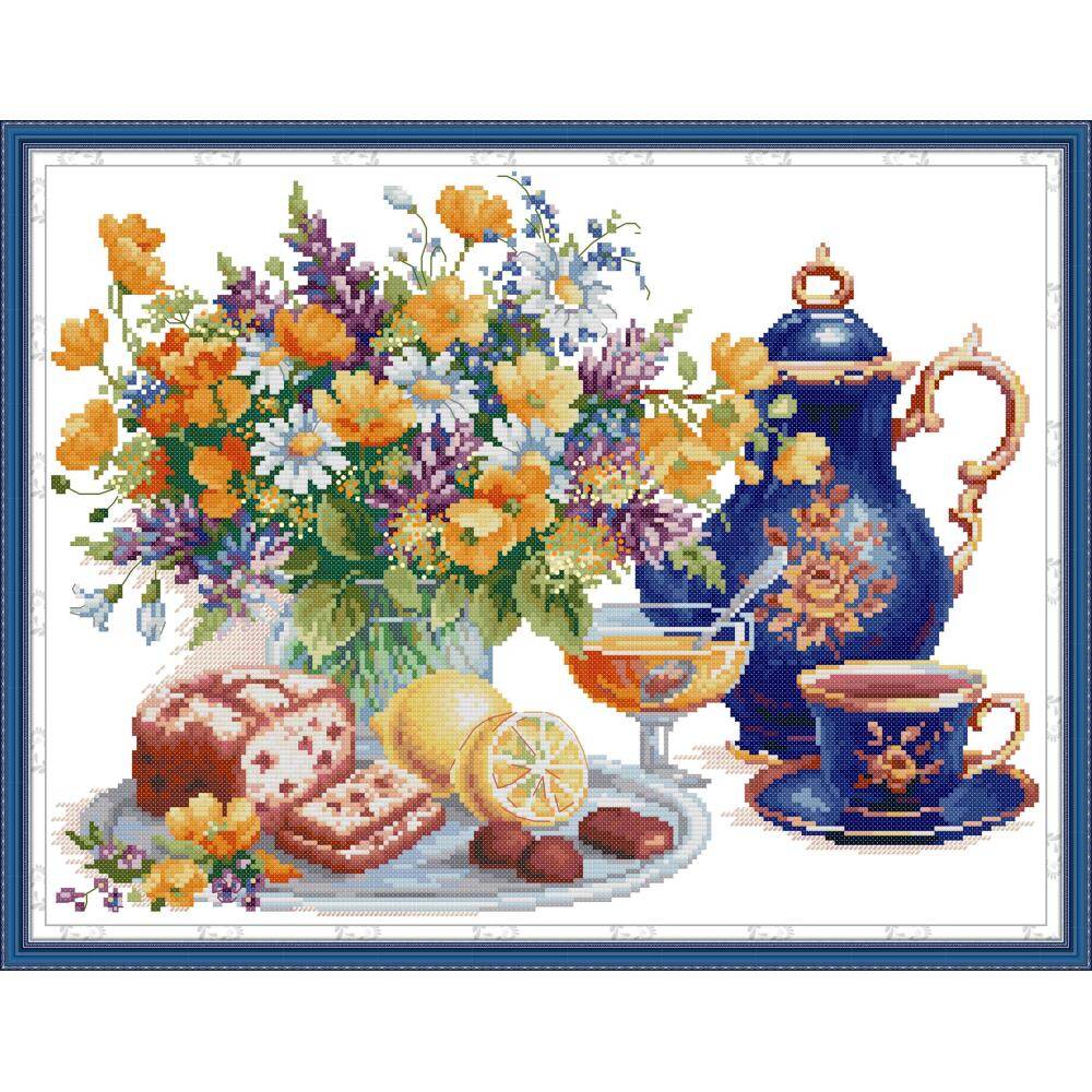 Afternoon Tea Joy Sunday DIY Cross Stitch Kit 14CT 11CT Printed Unprinted Stamped White Fabric Cloth for Home Decoration Embroidery Needlework Cross Stitch Kit