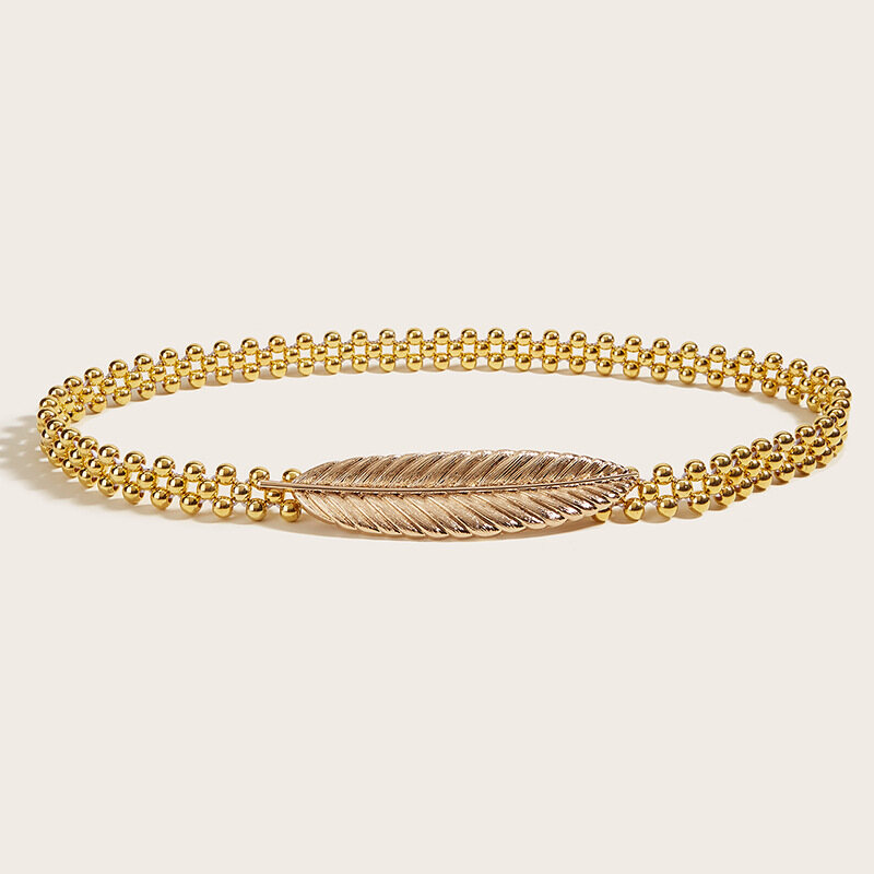 Gold Silver Color Chain Belt for Women Leaf Buckle Belt Metal Chain Waistband Waist Chain Thin Stretch Belt Skirt Dress Decorative Belt
