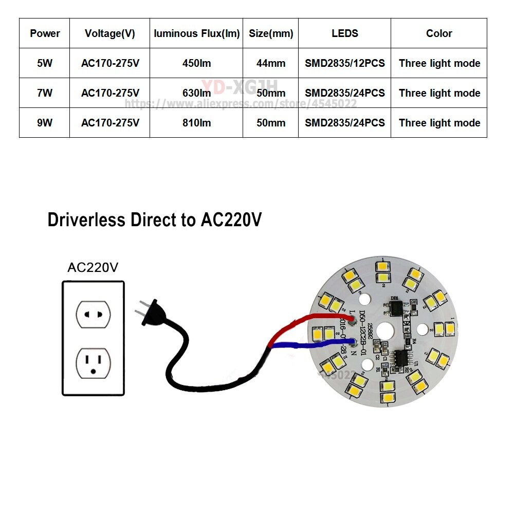 Hai màu Driverless AC220V-240V ba màu LED PCB với tích hợp IC nguồn ánh sáng ba màu sắc cho 5W 7W 9W bóng đèn cho Downlight Trần thay thế với 30cm dây