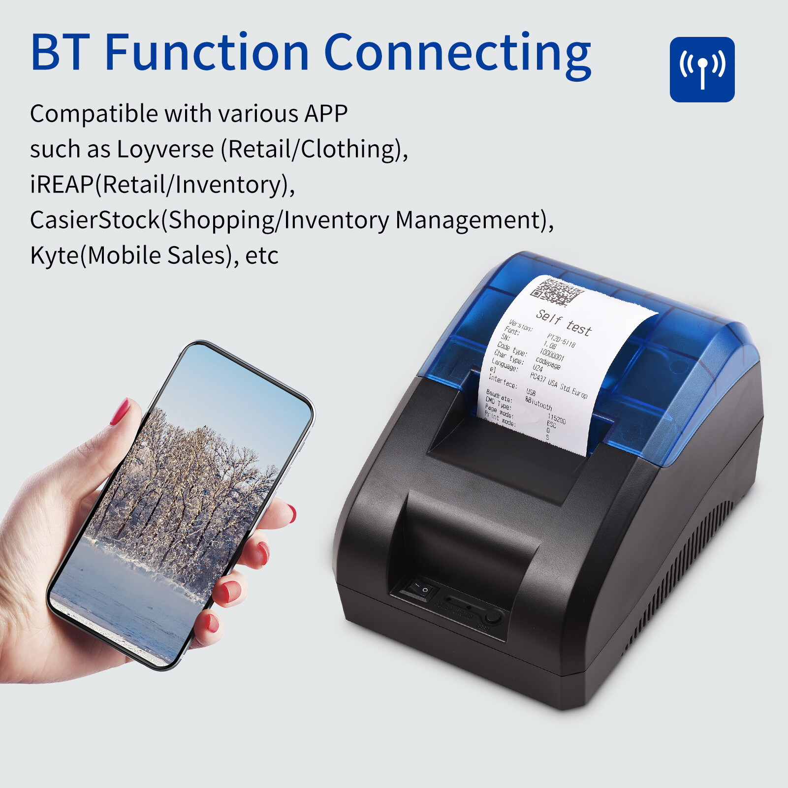 Máy In Hóa Đơn Nhiệt 58Mm Máy In Kết Nối Không Dây USB & BT Để Bàn In Logo Mã Vạch Với 1 Cuộn Giấy Bên Trong Tương Thích Với IOS Android Windows Cho Cửa Hàng Bán Lẻ Nhà Hàng