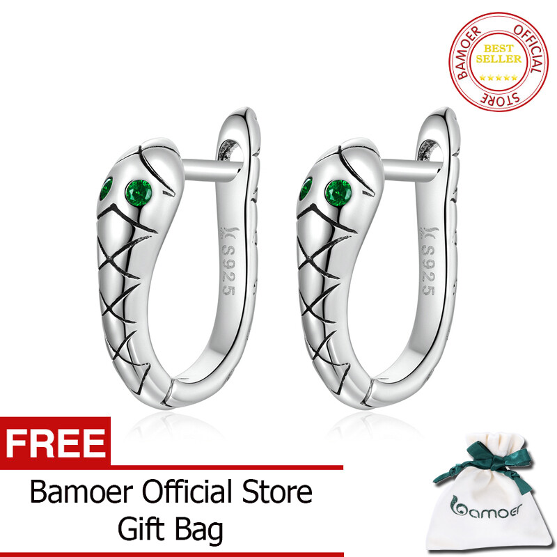 BAMOER 925 Sterling Silver Snake Earrings Platinum Plated Tarnish Resistant Green CZ Hoop Earrings For Women SCE1104