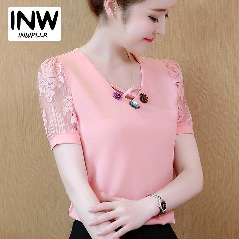 INWPLLR Summer Chiffon Blouse V-Neck Lace Patchwork Tops Ladies Shirts Casual Short Sleeve Women Tops Plus Size Female Blouse