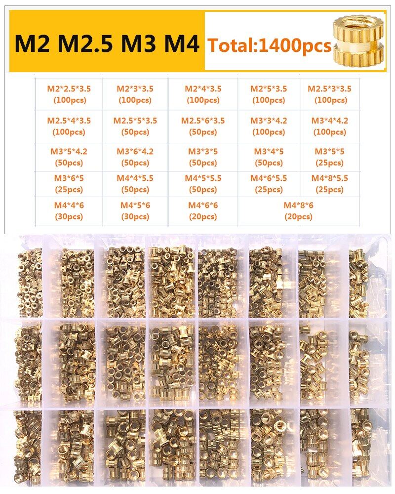 Chèn M2 M3 M4 M5 M8 M10 Brass có khía ống đệm ren Bộ đai ốc ép phun nhúng hạt đồng cho 3D in ấn nhựa