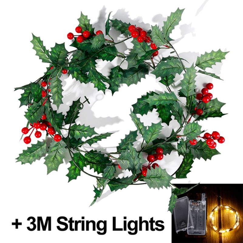 2M Artificial Holly Leaf Vine Red Berries Christmas Rattan DIY Garland Wreath Xmas Tree Hanging Ornaments Home Decoration with 3M String Light