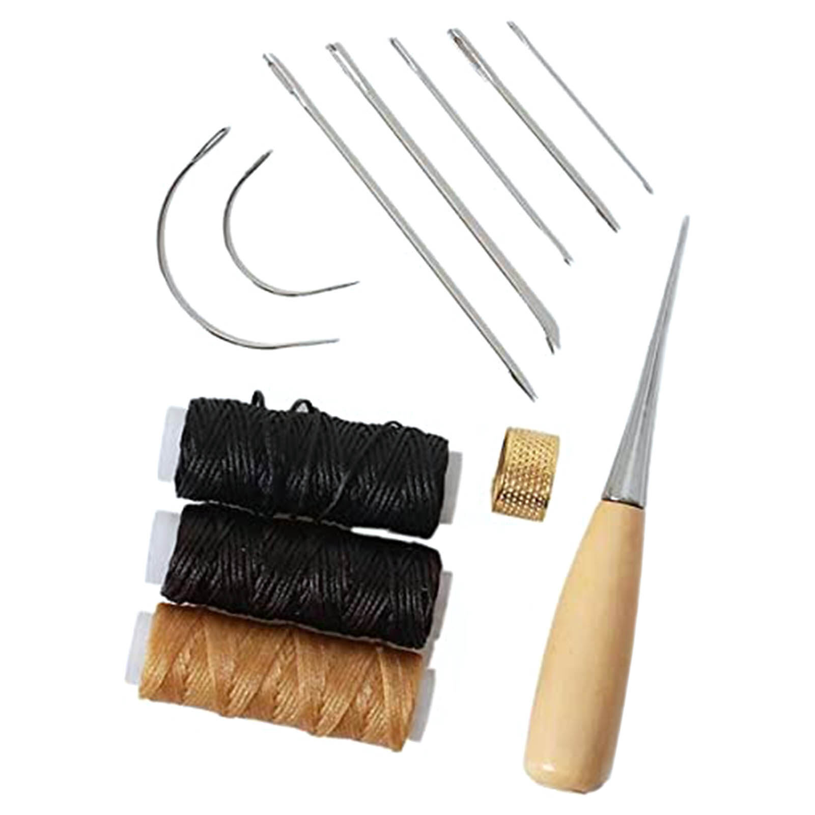 12Pcs Leather Craft Tools Kit Sewing Needles Waxed Thread Cord Stitching Awl Sewing Thimble DIY Leather Repair