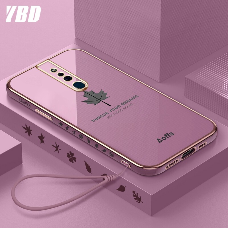 YBD Straight Edge Plating Phone case For OPPO F11 casing,Precise Camera Protection case Maple leaf pattern cover with Free lanyard