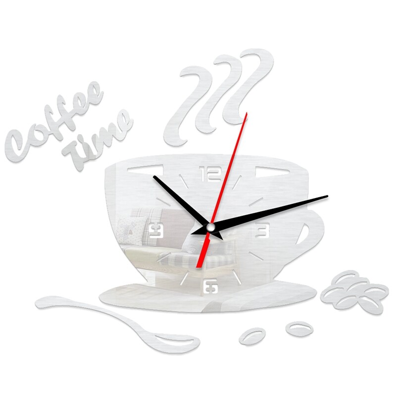 Creative 3D DIY Coffee Time Clock Acrylic Wall Clock Modern for Kitchen Home Decor Cup Shape Wall Sticker Hollow Numeral Clock