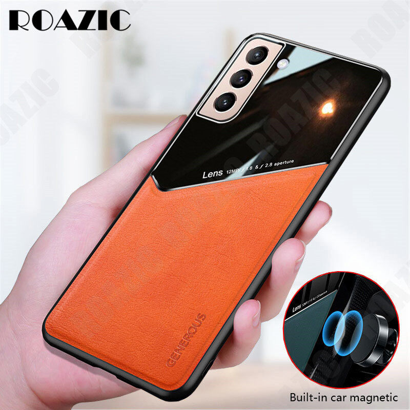 ROAZIC For Samsung Galaxy S21 FE 5G S21 5G S21 Plus/S21+ 5G S21 Ultra 5G Phone Case Leather Cover Built-in Car Magnetic Plate Glass Protective Casing