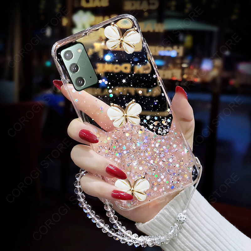 For Samsung Galaxy Note 20 / Note 20 Ultra 5G Case + Crystal Hand Strap, Fashion 3D Butterfly Shiny Glitter Starry Space Phone Cases Clear Soft TPU Silicone Bumper Shockproof Protective Cellphone Casing Back Cover