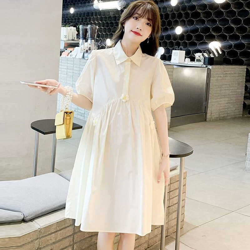 HS Váy của phụ nữ mang thai, nhỏ nhắn, kích thước lớn, váy rộng và cho con bú, váy trắng mỏng của bà bầu, váy a-line màu xanh, váy xếp li, tay áo phồng, váy che bụng